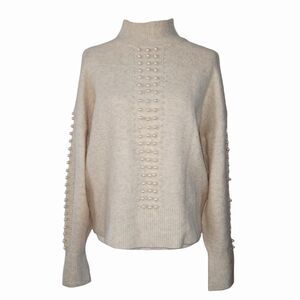 H&M Women Small Cream Knit Mockneck Sweater with Pearl Embellishments Wool Blend